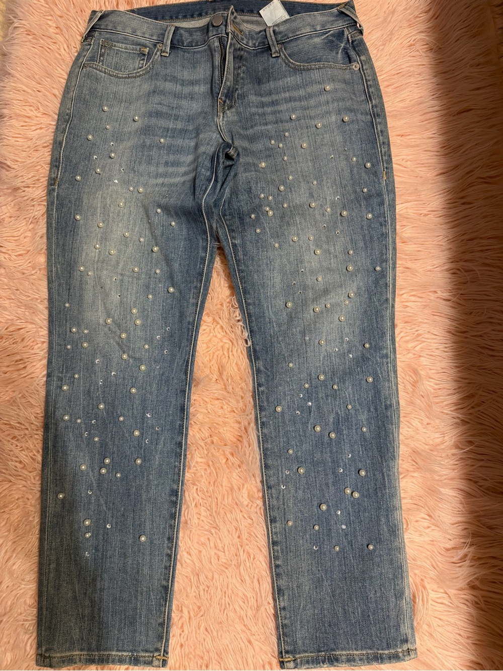 True Religion Blue Denim Straight Leg Jeans with Pearl Accents